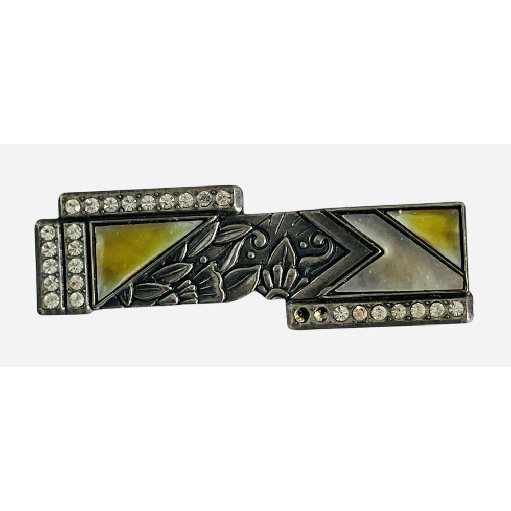 Vintage Nuri Pewter Brooch Bar Pin Art Deco Revival Rhinestones Abalone Signed
